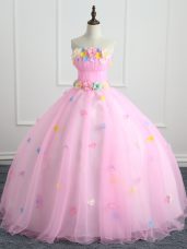 Pink Quinceanera Dress Military Ball and Sweet 16 and Quinceanera with Appliques and Hand Made Flower Strapless Sleeveless Lace Up