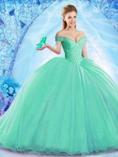 Sexy Turquoise Ball Gowns Beading 15 Quinceanera Dress Lace Up Organza Sleeveless