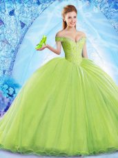 Elegant Yellow Green Quinceanera Dresses Military Ball and Sweet 16 and Quinceanera with Beading Off The Shoulder Sleeveless Brush Train Lace Up