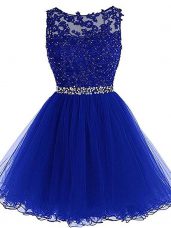 Customized Royal Blue A-line Beading and Lace and Appliques and Ruffles Zipper Tulle Sleeveless Mini Length