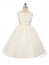 Fantastic Sleeveless Tulle Knee Length Lace Up Flower Girl Dress in White with Beading