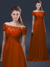 Floor Length Rust Red Mother of Groom Dress Chiffon Short Sleeves Appliques