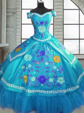 Sophisticated Teal Ball Gowns Taffeta Sweetheart Short Sleeves Beading and Embroidery Floor Length Lace Up 15th Birthday Dress