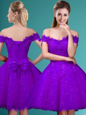 Custom Design A-line Court Dresses for Sweet 16 Eggplant Purple Off The Shoulder Tulle Cap Sleeves Knee Length Lace Up