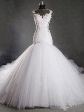 Lace Wedding Gown White Zipper Sleeveless Chapel Train