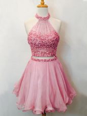 New Arrival Knee Length Pink Bridesmaid Gown Organza Sleeveless Beading