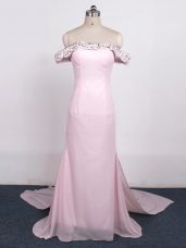 Baby Pink Prom Dress Off The Shoulder Sleeveless Watteau Train Zipper