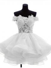Fabulous Off The Shoulder Sleeveless Party Dress for Girls Mini Length Beading and Lace and Ruffles White Organza