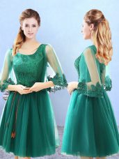 Best Green A-line Scoop 3 4 Length Sleeve Tulle Knee Length Lace Up Lace and Appliques Bridesmaid Dress