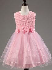 Custom Made Baby Pink Zipper Little Girls Pageant Gowns Ruffled Layers and Hand Made Flower Sleeveless Knee Length