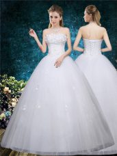 White Organza Lace Up Wedding Gown Sleeveless Floor Length Beading and Appliques