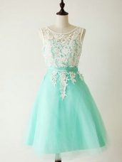 Turquoise A-line Tulle Scoop Sleeveless Lace Knee Length Lace Up Bridesmaid Dresses
