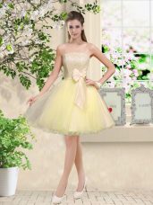 Edgy Light Yellow Off The Shoulder Neckline Lace and Belt Wedding Guest Dresses Sleeveless Lace Up