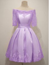 Fabulous Lavender Short Sleeves Lace Knee Length Bridesmaid Dress