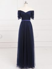 Deluxe Navy Blue Off The Shoulder Lace Up Ruching Quinceanera Court Dresses Short Sleeves