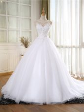 High End Court Train A-line Wedding Dresses White Scoop Tulle Sleeveless Zipper