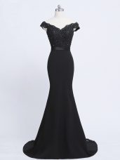 Artistic Black Zipper Formal Dresses Lace and Appliques and Belt Sleeveless Brush Train
