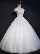 White Tulle Lace Up Wedding Dresses Sleeveless Floor Length Beading