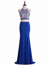 Delicate Sleeveless Chiffon Floor Length Zipper Pageant Dresses in Royal Blue with Beading