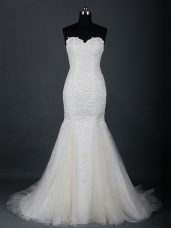 Luxury White Zipper Wedding Gowns Lace Sleeveless Brush Train