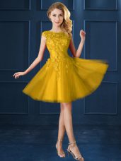 Stunning Cap Sleeves Tulle Knee Length Lace Up Court Dresses for Sweet 16 in Gold with Lace and Appliques