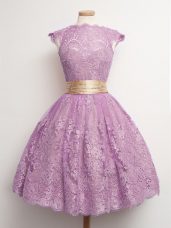 Sophisticated Lilac Ball Gowns High-neck Cap Sleeves Lace Knee Length Lace Up Belt Dama Dress