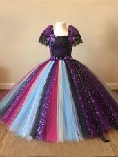 Floor Length Multi-color Party Dress for Girls Tulle Short Sleeves Sequins and Pattern