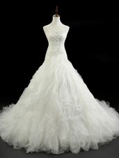 Luxury Sleeveless Court Train Beading and Ruffles Lace Up Wedding Dress