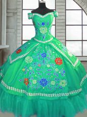 Designer Floor Length Lace Up Quinceanera Gowns Green for Military Ball and Sweet 16 and Quinceanera with Beading and Embroidery