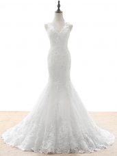 Lovely Sleeveless Beading and Lace and Appliques Zipper Wedding Dress with White Brush Train