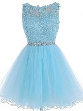 Best Selling Baby Blue A-line Tulle Scoop Sleeveless Beading and Lace and Appliques Mini Length Zipper Club Wear