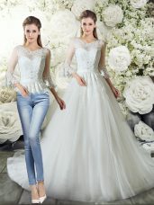 Captivating White Tulle Zipper V-neck 3 4 Length Sleeve Wedding Dress Court Train Lace