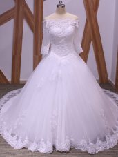 Delicate Half Sleeves Brush Train Lace Backless Wedding Gown