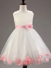 Graceful Tulle Sleeveless Knee Length Little Girl Pageant Gowns and Appliques and Hand Made Flower