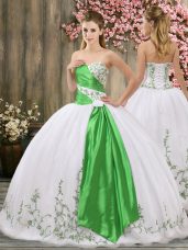 Decent White Organza Lace Up Sweetheart Sleeveless Floor Length Sweet 16 Dress Embroidery and Belt