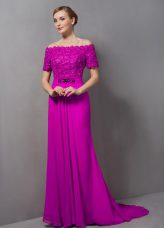 Fuchsia Short Sleeves Chiffon Sweep Train Zipper Mother Dresses for Prom and Party