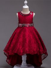 Wine Red Scoop Neckline Beading Little Girl Pageant Gowns Sleeveless Lace Up