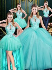 Delicate Aqua Blue Quinceanera Gown Military Ball and Sweet 16 and Quinceanera with Beading and Pick Ups Halter Top Sleeveless Lace Up