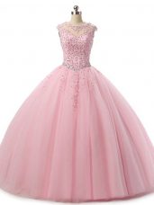Perfect Tulle Scoop Sleeveless Lace Up Beading and Lace 15th Birthday Dress in Baby Pink