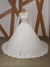 On Sale White Ball Gowns Scalloped Sleeveless Tulle Court Train Zipper Beading and Appliques Bridal Gown