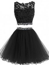 Black Zipper Prom Dress Beading and Lace and Appliques Sleeveless Mini Length