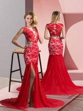 Nice Coral Red Prom Evening Gown V-neck Sleeveless Brush Train Zipper