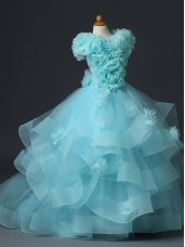 Trendy Tulle Sleeveless Floor Length Little Girls Pageant Dress and Ruffles and Hand Made Flower