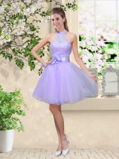 On Sale Knee Length Lilac Wedding Guest Dresses Halter Top Sleeveless Lace Up