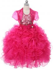 Ball Gowns Kids Formal Wear Hot Pink Scoop Organza Sleeveless Floor Length Lace Up