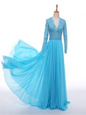 Designer Baby Blue Chiffon Zipper Evening Dresses Long Sleeves Floor Length Lace and Appliques