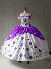 Floor Length White And Purple 15th Birthday Dress Off The Shoulder Cap Sleeves Lace Up