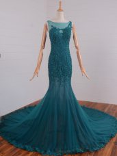 Tulle Sleeveless Prom Gown Court Train and Beading and Lace and Appliques