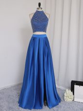 Dramatic Halter Top Sleeveless Prom Dress Floor Length Beading Royal Blue Elastic Woven Satin