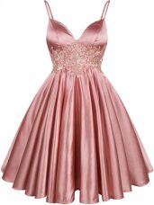 Nice Spaghetti Straps Sleeveless Lace Up Bridesmaids Dress Pink Elastic Woven Satin
